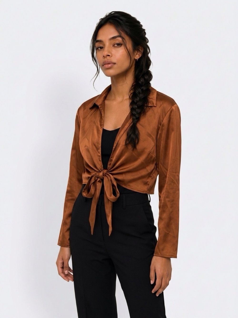 Ro & De Brown Satin Tie Front Cropped Blouse Size XS | NWT Silk-Look